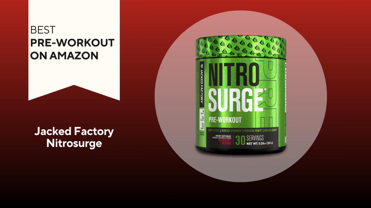 A red background with a white banner reading "Best Pre-Workout on Amazon" next to a green and black container of Jacked Factory Nitrosurge Pre-Workout in Cherry Bomb flavor